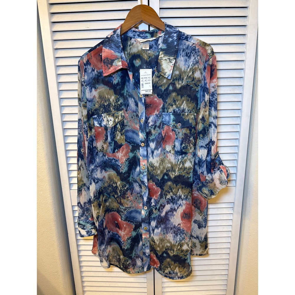 Christopher & Banks Blue Coral Abstract Ikat Button Up Roll Tab Blouse Large NWT